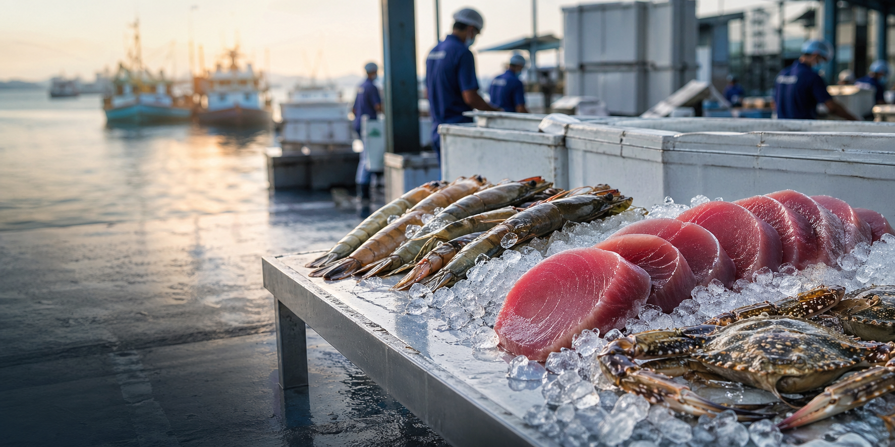 Fresh seafood prepared on ice near the harbor for export handling